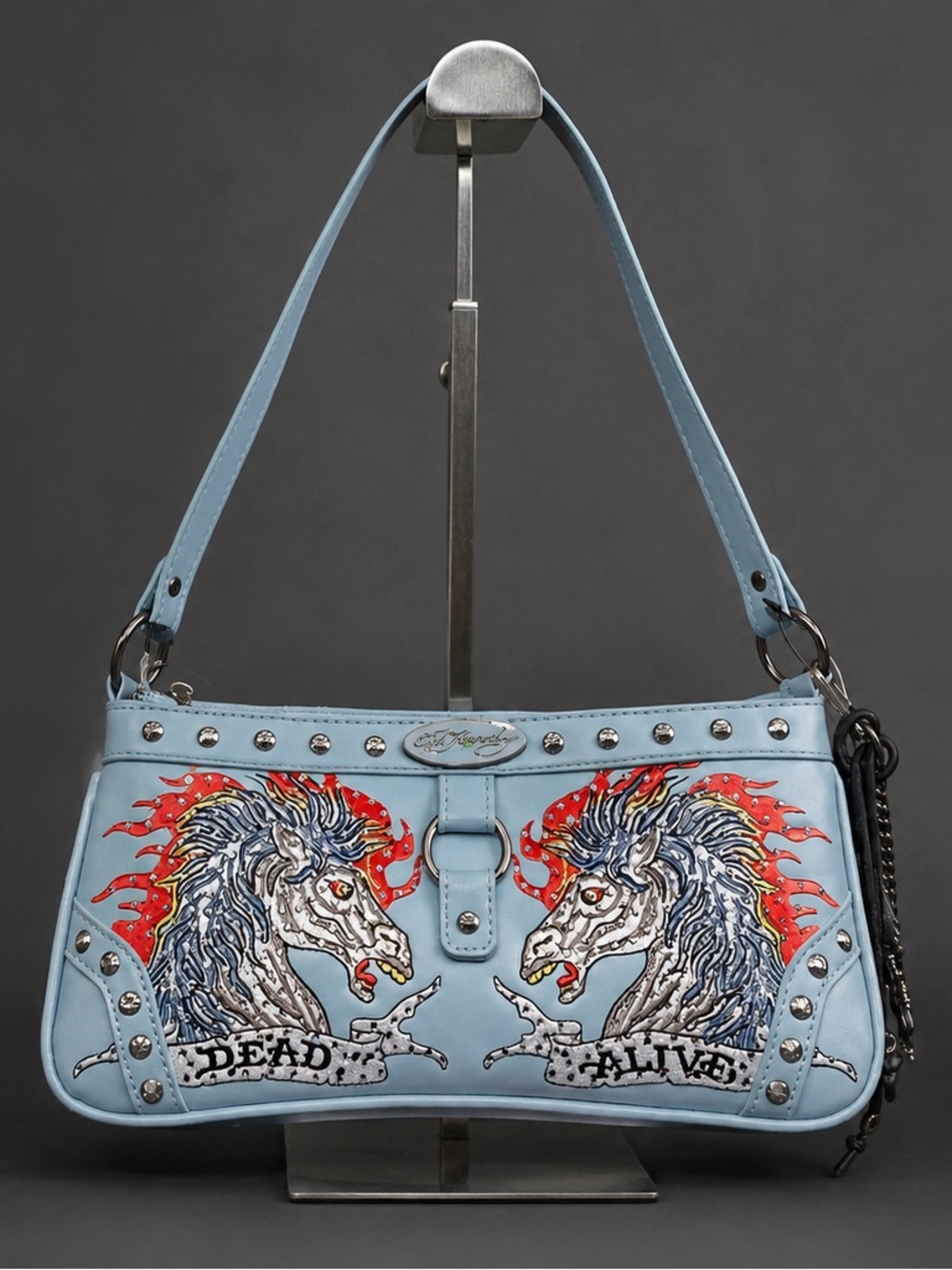 Ed Hardy Sky Blue 'Dead or Alive' Studded Shoulder Bag